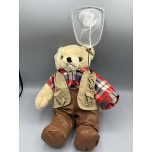 Vintage Teddy Bear Fisherman Outfit Plush w Net Plaid Shirt Brown Pants